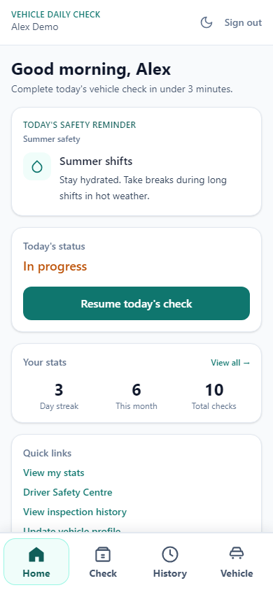 Vehicle Daily Check app dashboard showing today's inspection status, safety reminder and completion streak